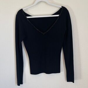 Black Beaded V-Neck Long Sleeve Top